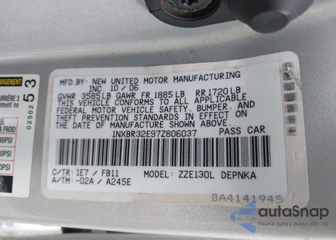 2007 Toyota Corolla Le из США, поврежденный, VIN 1NXBR32E97Z806037